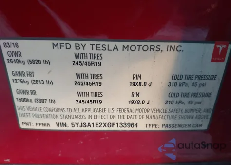 2016 Tesla Model S 60D/70D/75D/85D/90D из США, поврежденный, VIN 5YJSA1E2XGF133964